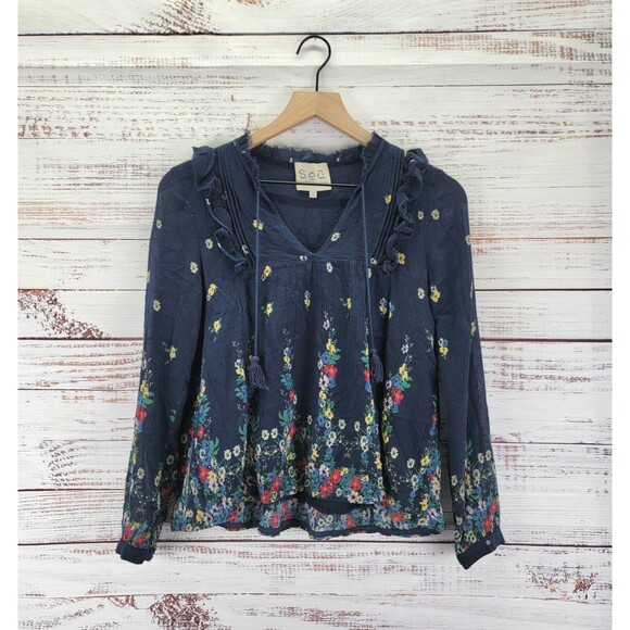 Sea New York Blouse Size 2 Top Floral Peasant V-Neck Tassel Ruffle Long Sleeve - Picture 1 of 14